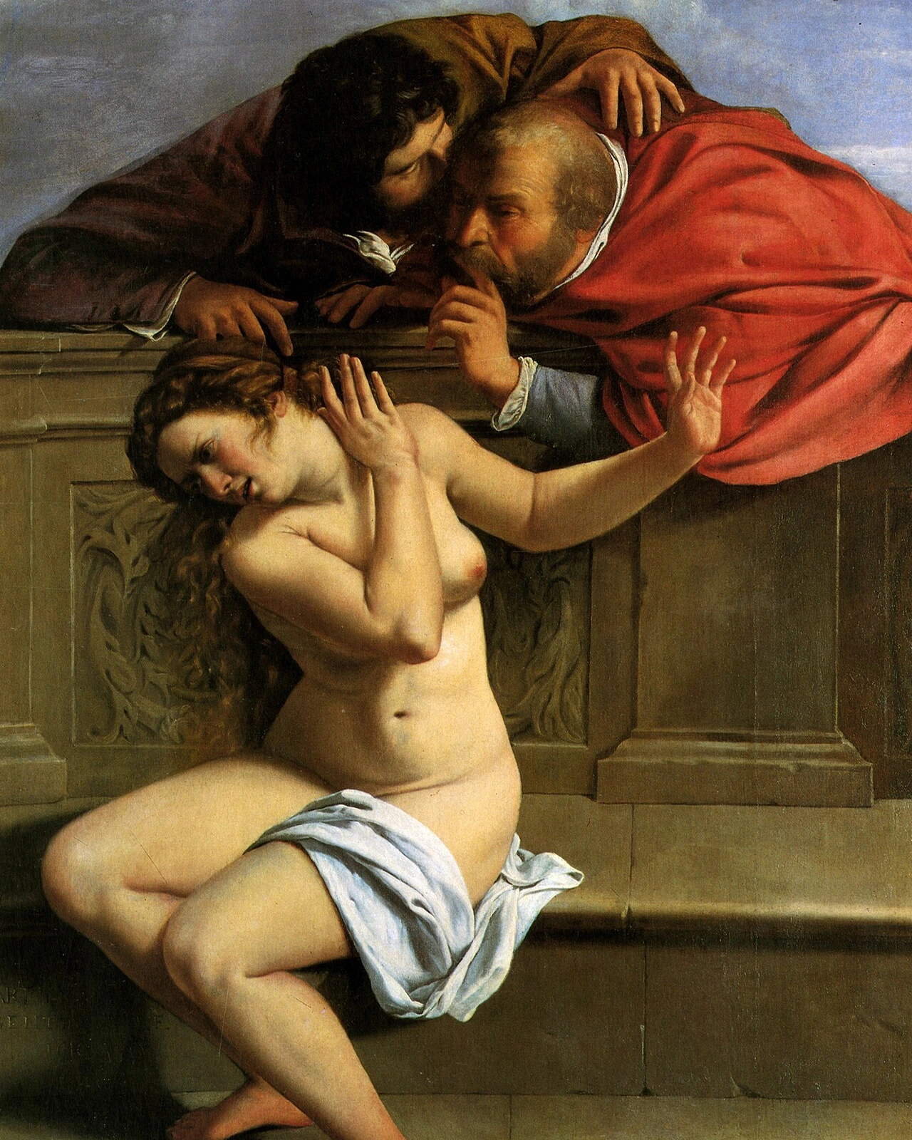 Susanna e i vecchioni di Artemisia Gentileschi, giovane donna nuda in atto di respingere due uomini che la importunano